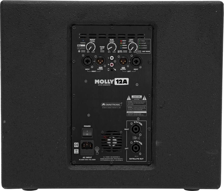 Tył głośnika aktywnego Molly 12A z gniazdami i elementami sterującymi.