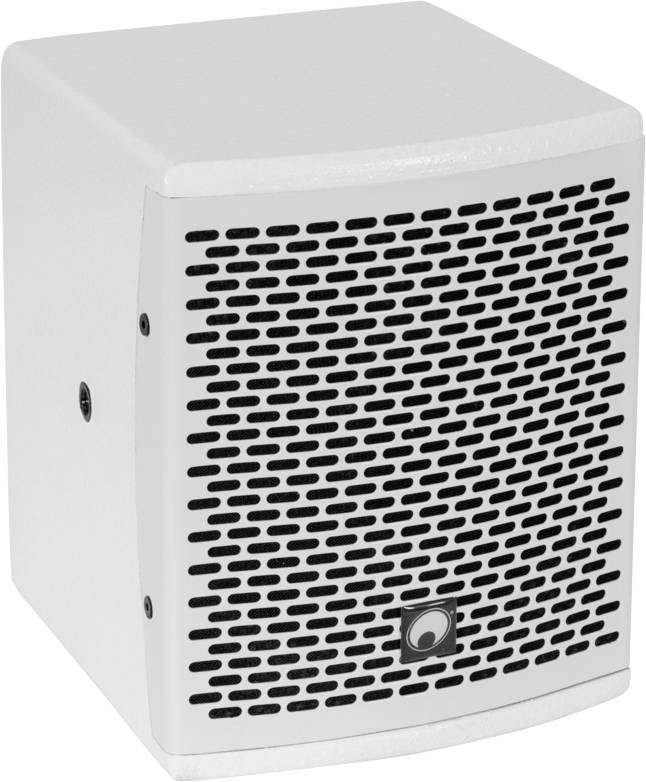 Biały głośnik z prostokątną kratką na przedniej części.