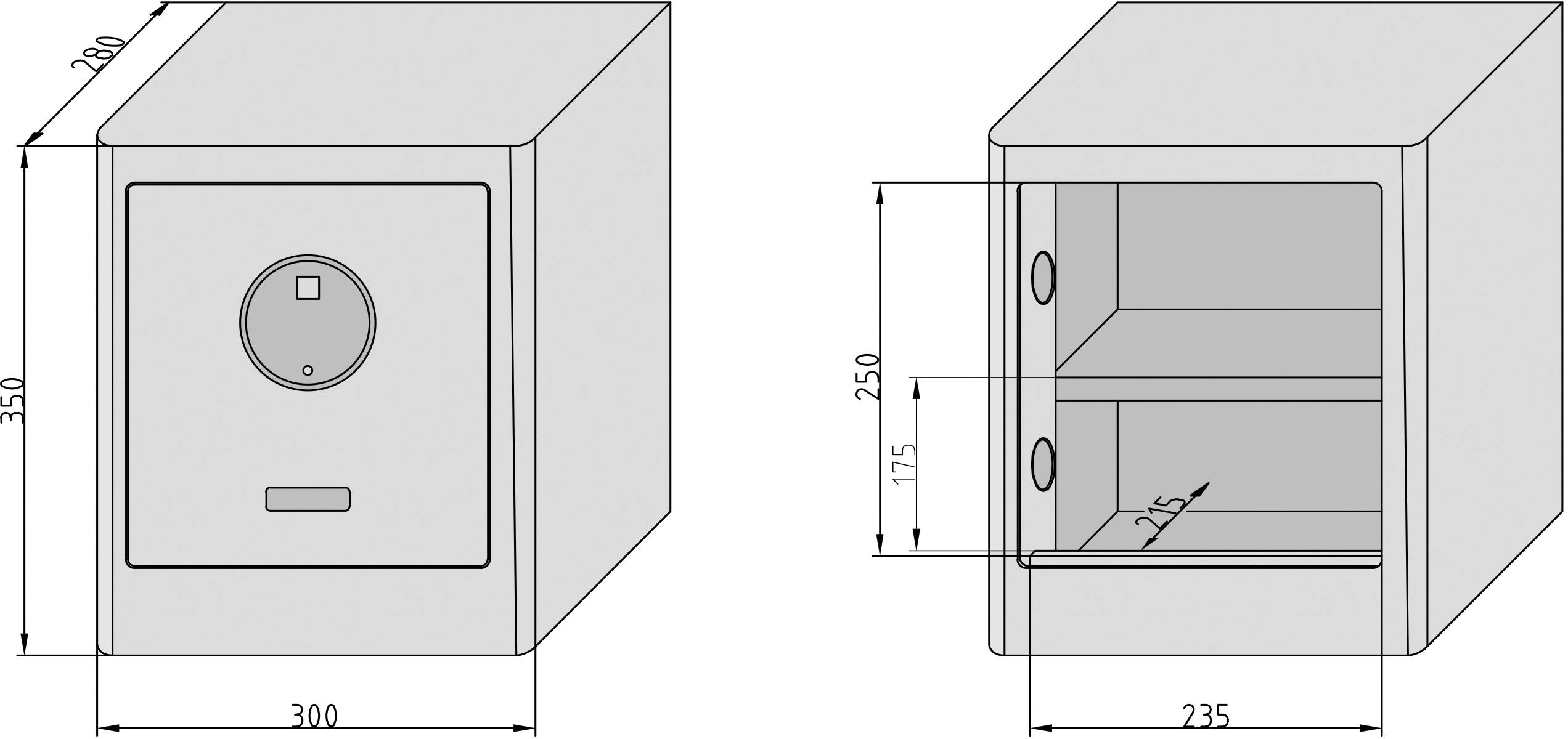 Rysunek techniczny sejfu z wymiarami: wysokość 350 mm, szerokość 300 mm, głębokość 280 mm. Wewnątrz regulowana na wysokości półka na poziomie 175 mm.