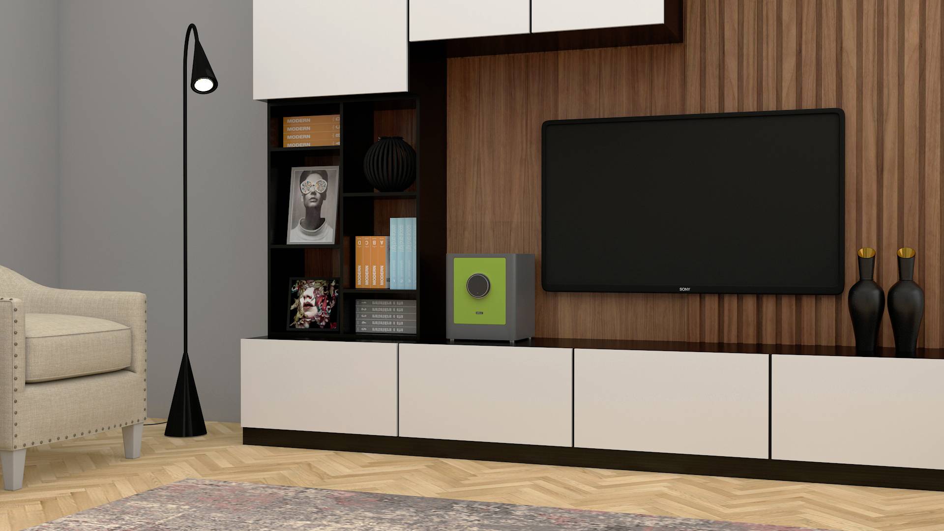 Nowoczesny salon z beżowym fotelem, czarną lampą stojącą, telewizorem na białej szafce oraz półkami z książkami i ozdobami.