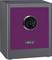 Szary sejf z fioletowymi drzwiami, elektronicznym zamkiem szyfrowym i skanerem linii papilarnych.