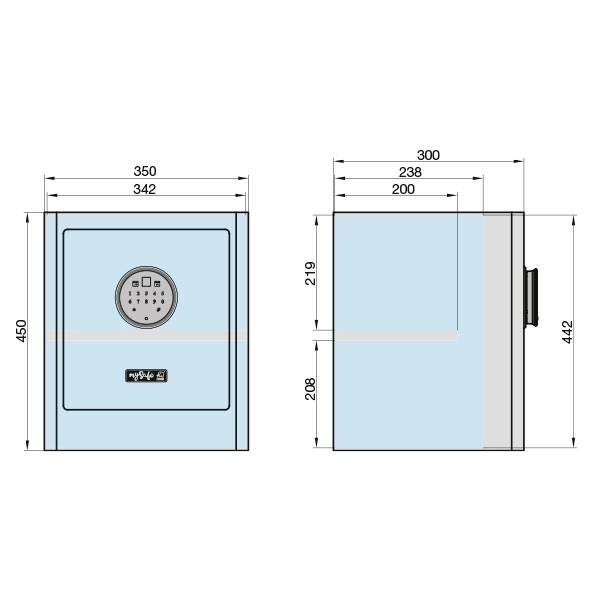 Ilustracja niebieskiego sejfu z widokiem z boku i z przodu. Wymiary: 450x350 mm z przodu, głębokość 300 mm. Z zamkiem szyfrowym.