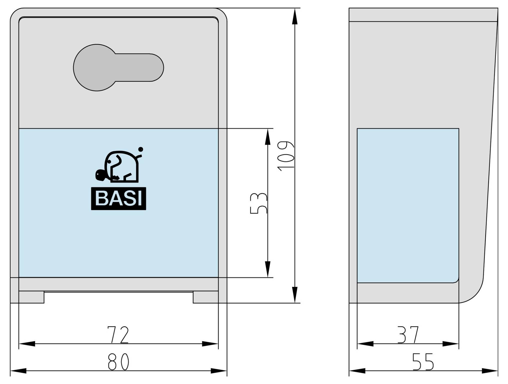 Dwa rysunki techniczne produktu BASI z wymiarami: widok z przodu pokazuje szerokość 80 mm, wysokość 109 mm; widok z boku pokazuje głębokość 55 mm.