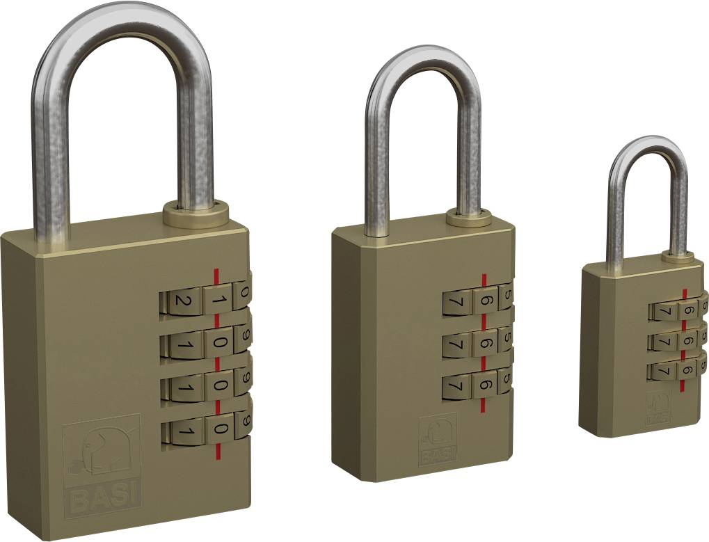 Trzy kłódki w różnych rozmiarach, wszystkie z zamkiem szyfrowym, wykonane z metalu.
