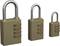 Trzy kłódki w różnych rozmiarach, wszystkie z zamkiem szyfrowym, wykonane z metalu.