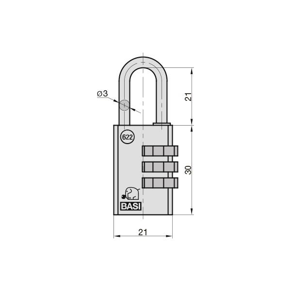 Zamek szyfrowy z trzema tarczami numerycznymi; wymiary: 21 mm szerokości, 30 mm wysokości. Idealny do zabezpieczania bagażu. Marka: BASI.
