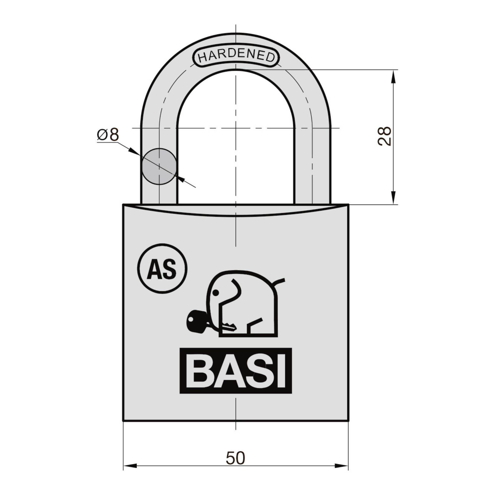 Szczegółowy diagram kłódki oznaczonej 'AS BASI' z wymiarami: 28 mm wysokości podkowy i 50 mm szerokości obudowy.