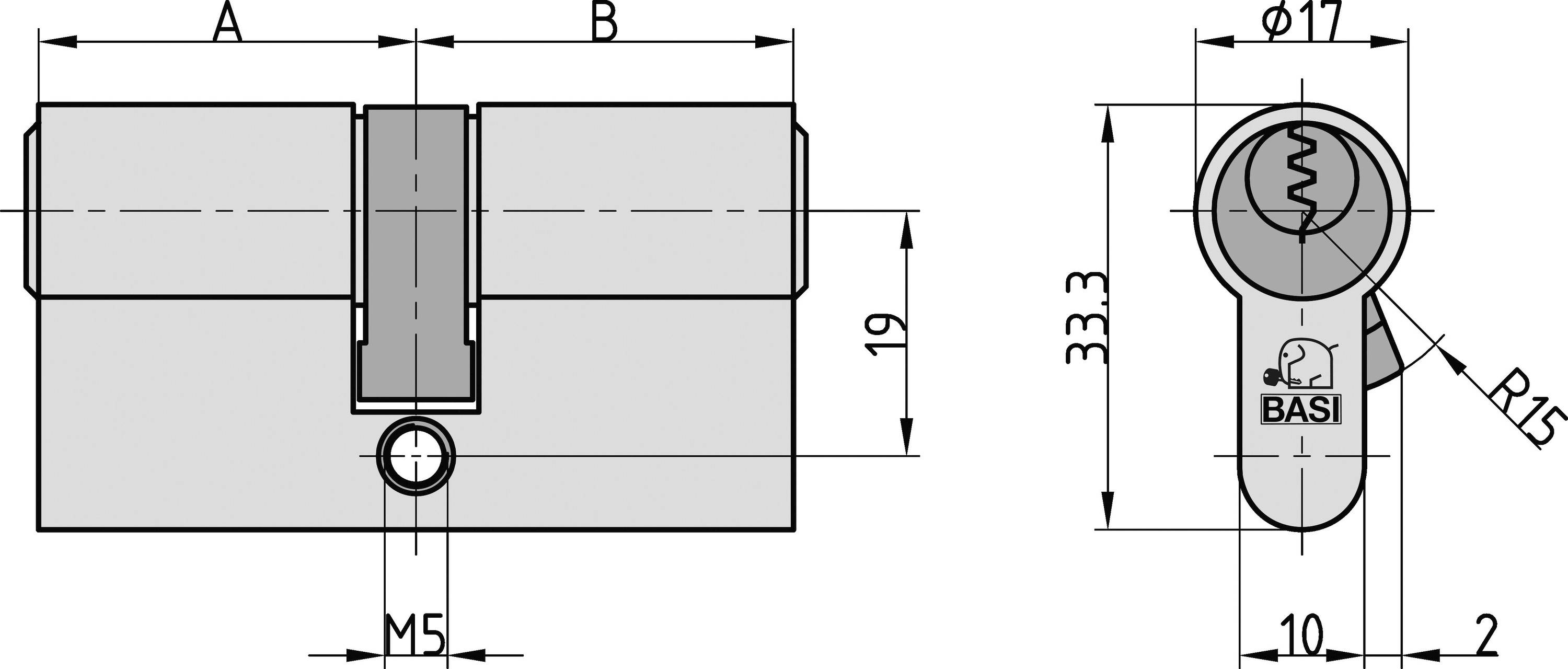 'Rysunek techniczny wkładki cylindrycznej. Po lewej: wysokość 19 mm. Po prawej: długość 33,3 mm, Ø17 mm. Rozmiar gwintu: M5.'