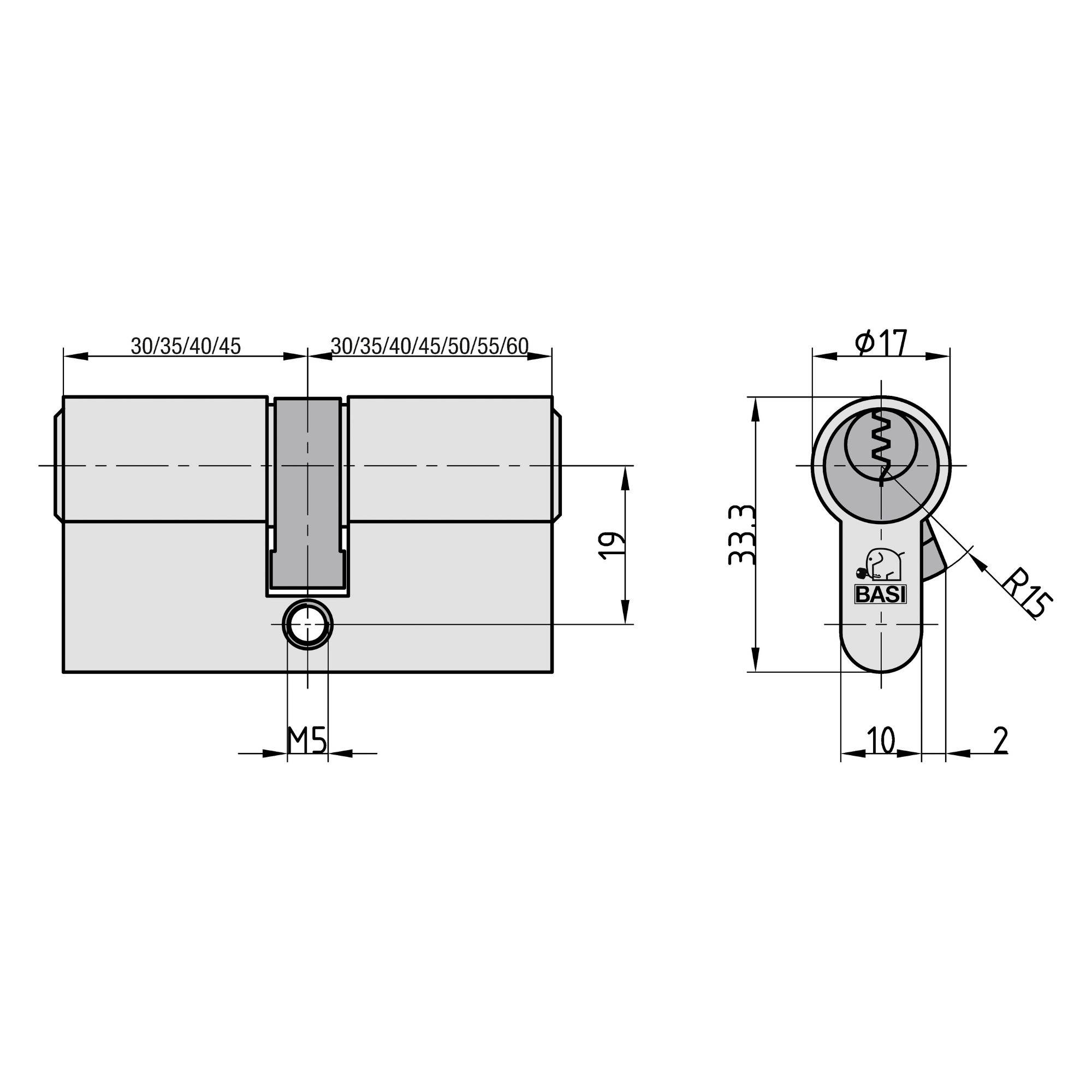 Techniczny rysunek cylindra zamkowego z wymiarami: opcje szerokości (30-60), wysokość 19 mm, średnica otworu na klucz 17 mm, oznaczony „BASI".