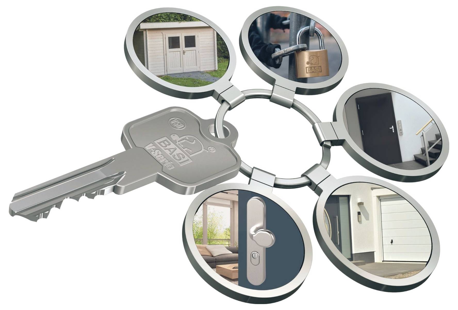Breloczek z kluczem do domu połączony z pięcioma okrągłymi obrazami: szopą, kłódką, drzwiami apartamentu, szklnymi drzwiami przesuwanymi i bramą garażu.