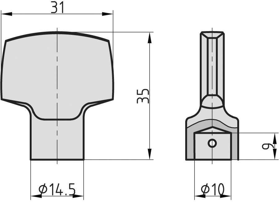 Rysunek techniczny elementu z wymiarami: szerokość u góry 31 mm, wysokość 35 mm. U dołu średnica 14,5 mm i średnica trzpienia 10 mm.