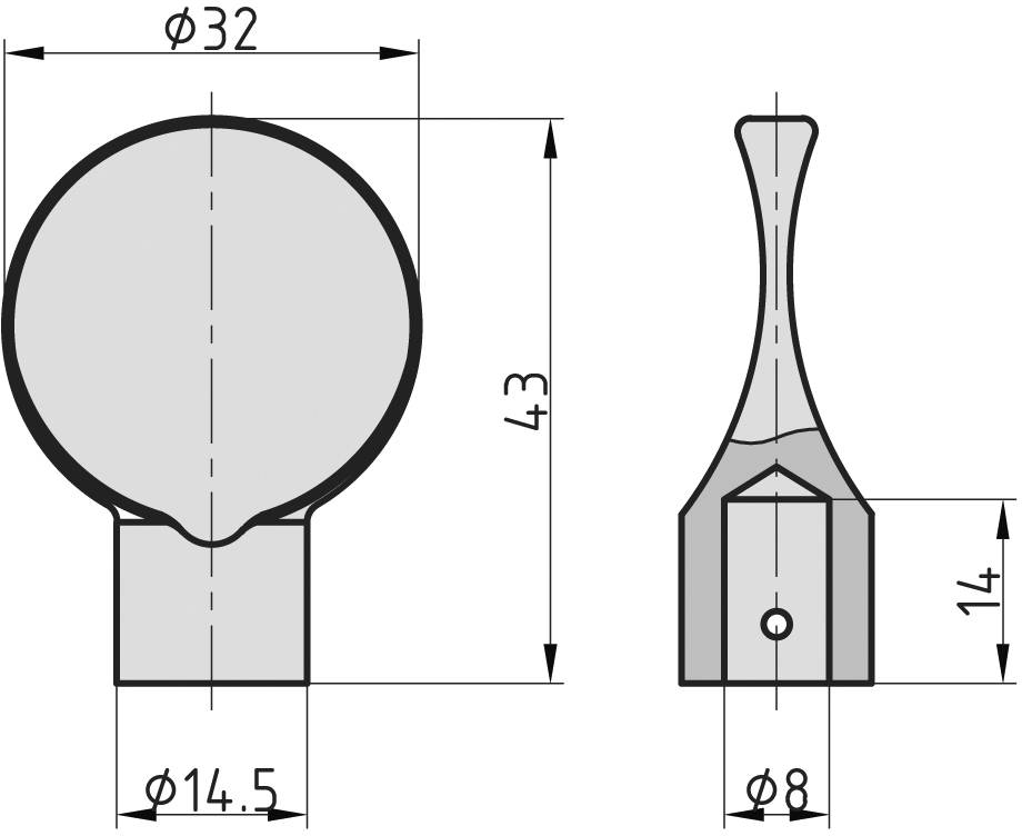 Rysunek techniczny płaskiej główki z zaokrąglonym czołem: widok z przodu przedstawia wymiary 32 mm i 43 mm, widok z boku pokazuje bazę o szerokości 8 mm.
