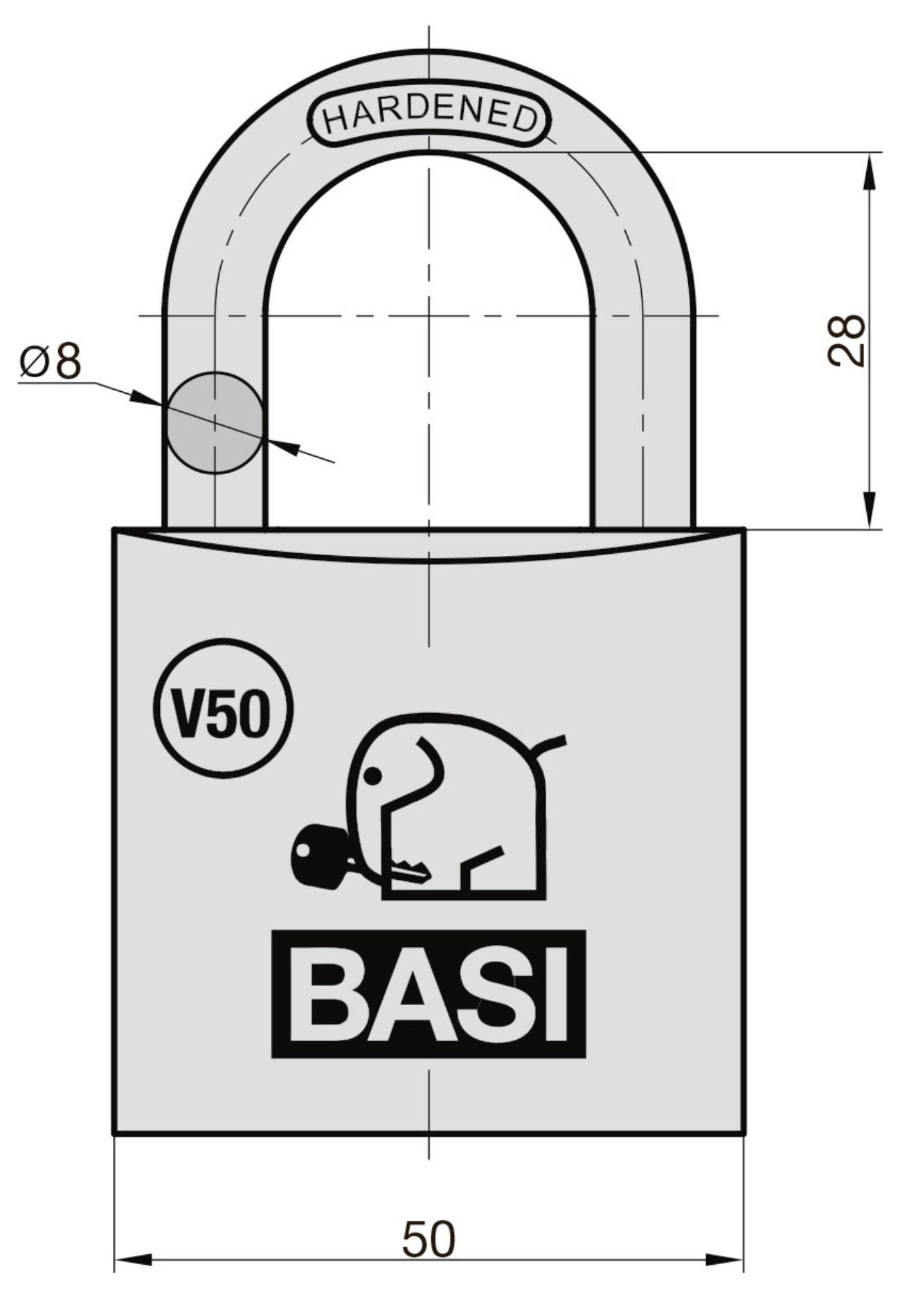 Diagram kłódki BASI V50 pokazujący wymiary: średnica wyłącznika 8 mm, wysokość 28 mm, szerokość korpusu kłódki 50 mm.