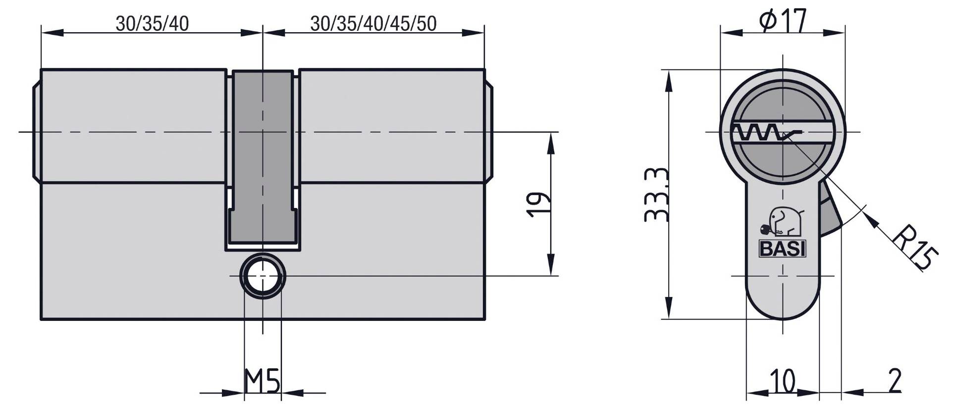 Rysunek techniczny cylindra zamka BASI, przedstawiający wymiary, w tym opcje długości (30/35/40/45/50 mm), średnicę i szczegóły otworu na klucz.