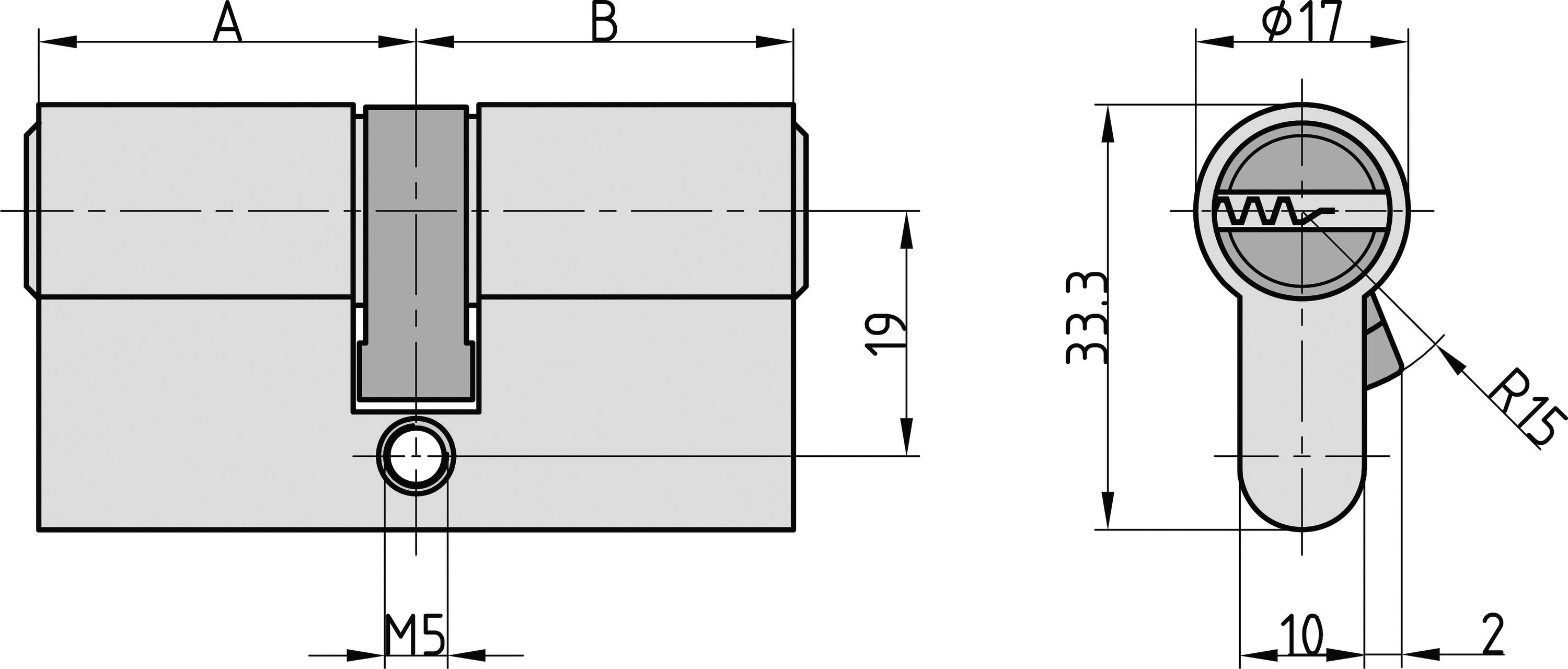 Rysunek techniczny wkładki zamka z wymiarami: szerokość A+B, wysokość 19 mm, otwór M5, średnica 17 mm, wysokość całkowita 33,3 mm.