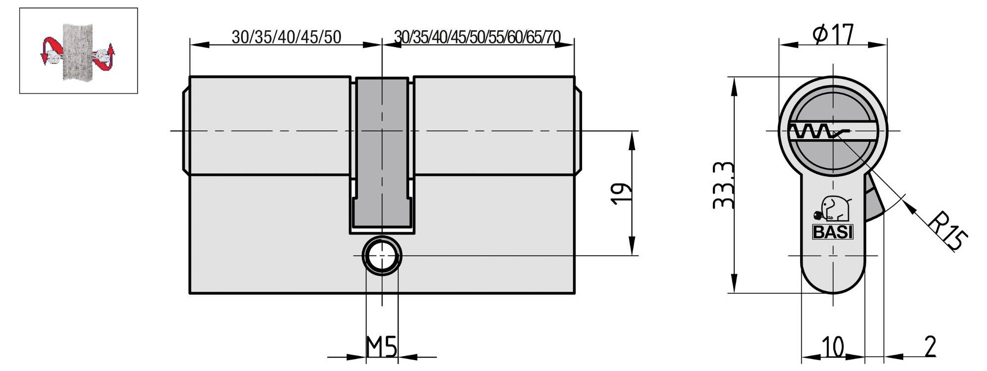 Rysunek techniczny zamka cylindrycznego BASI z wymiarami: szerokość 30-50 mm, wysokość 33,3 mm, średnica 17 mm. Funkcje obejmują wbudowany mechanizm klucza.