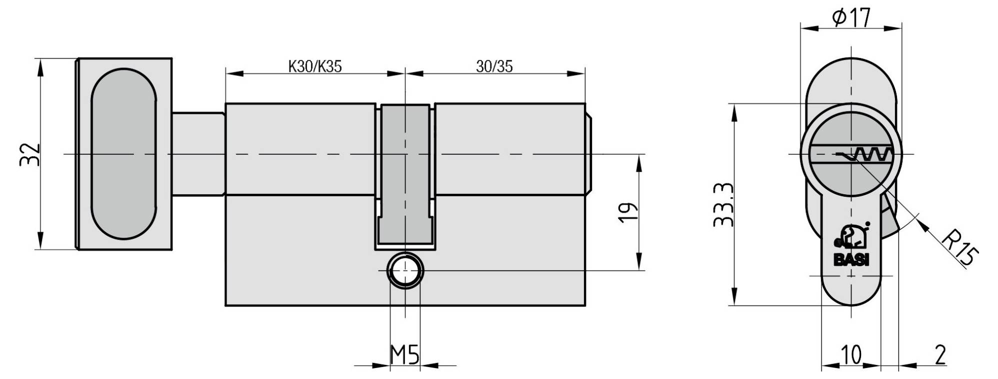 Diagram techniczny zamka cylindrycznego ze szczegółowymi wymiarami obejmującymi opcje długości (30–60mm), średnicę (Ø17mm) i rozmiar śruby M5.