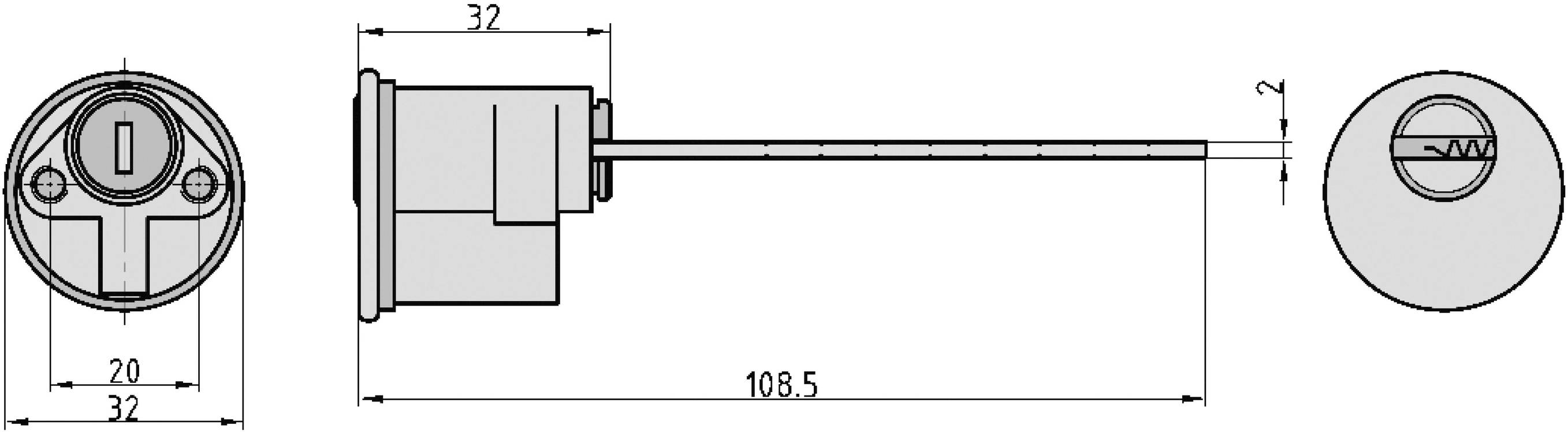 Rysunek techniczny cylindrycznego zamka z wymiarami: 32 mm średnicy, 108,5 mm długości. Widok z góry i widok z boku.