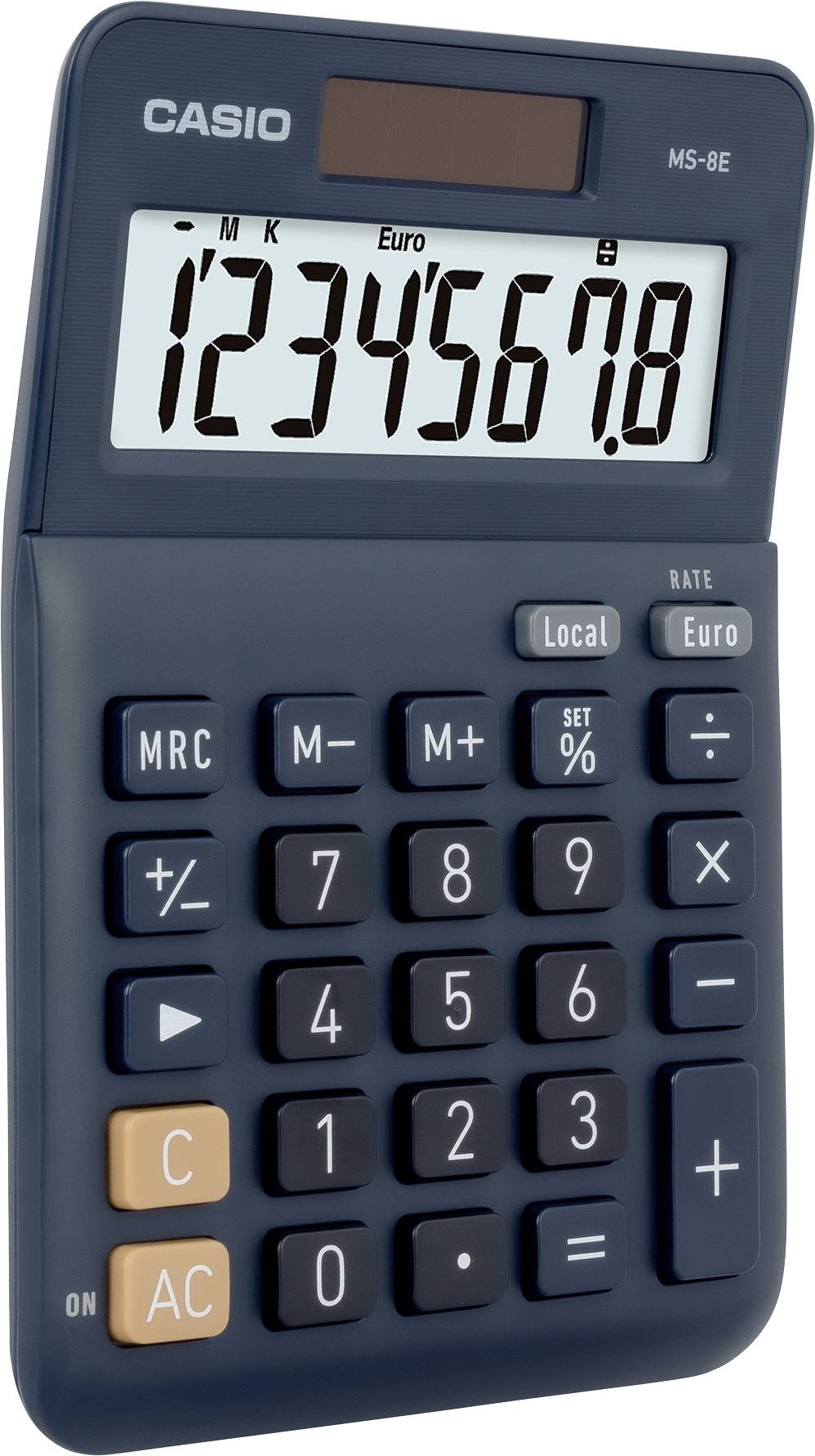 Ciemnogranatowy kalkulator z dużym wyświetlaczem pokazuje liczbę '1234567,8'. Posiada przyciski do podstawowych funkcji matematycznych, w tym procent i funkcje pamięci.