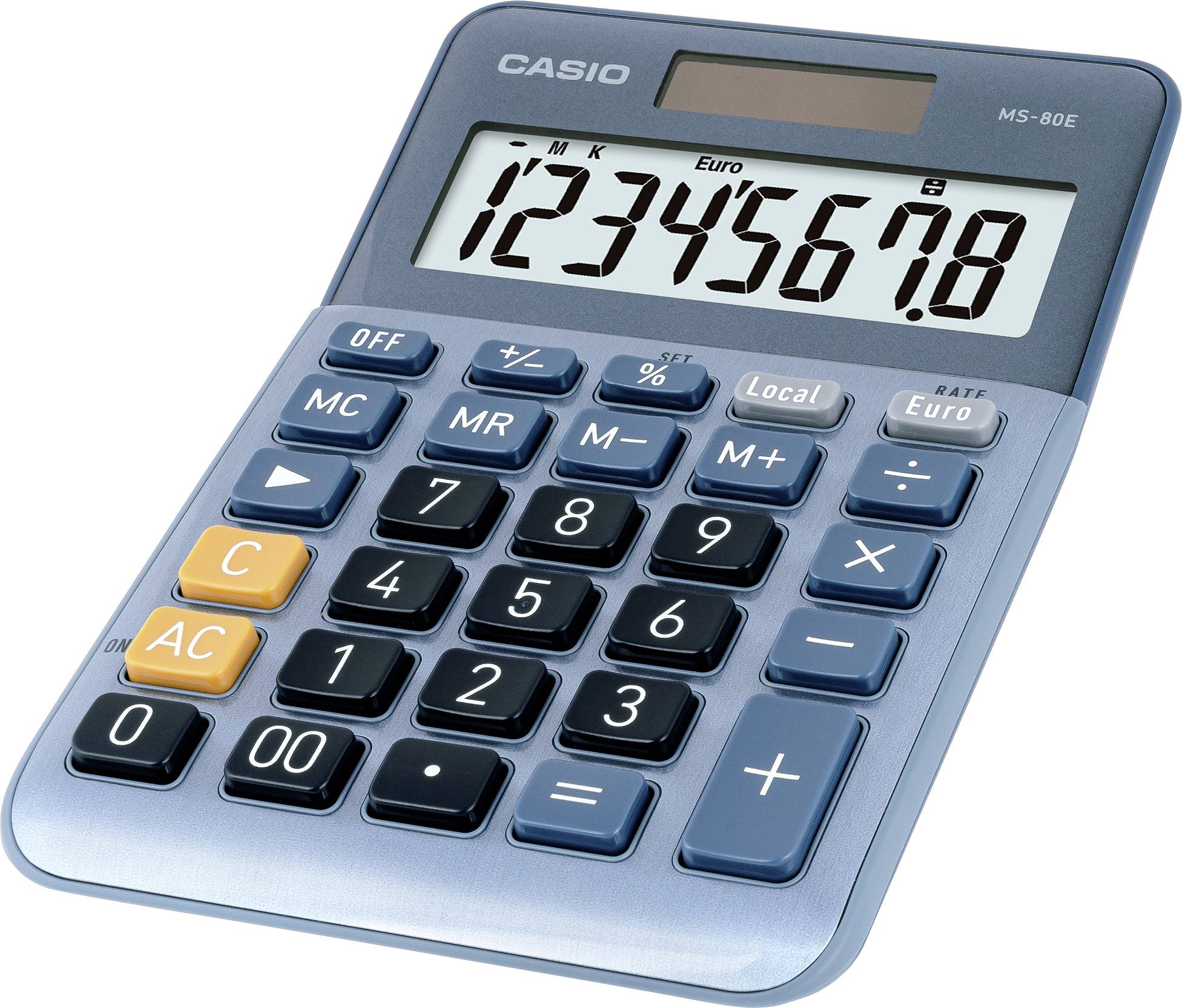 Niebieski kalkulator z czarnym wyświetlaczem, pokazujący sekwencję cyfr '12345678'. Napis 'Euro' widoczny jest nad cyframi.