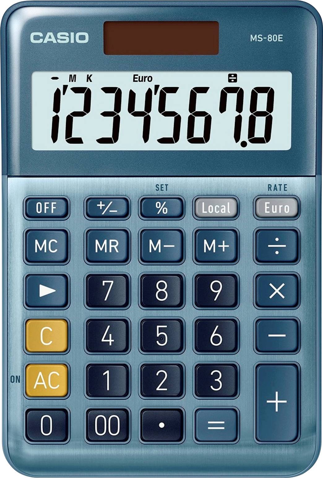 Standardowy kalkulator z niebieską obudową wyświetla na wyświetlaczu liczbę 1234567,8. Widoczne są przyciski do podstawowych działań matematycznych.