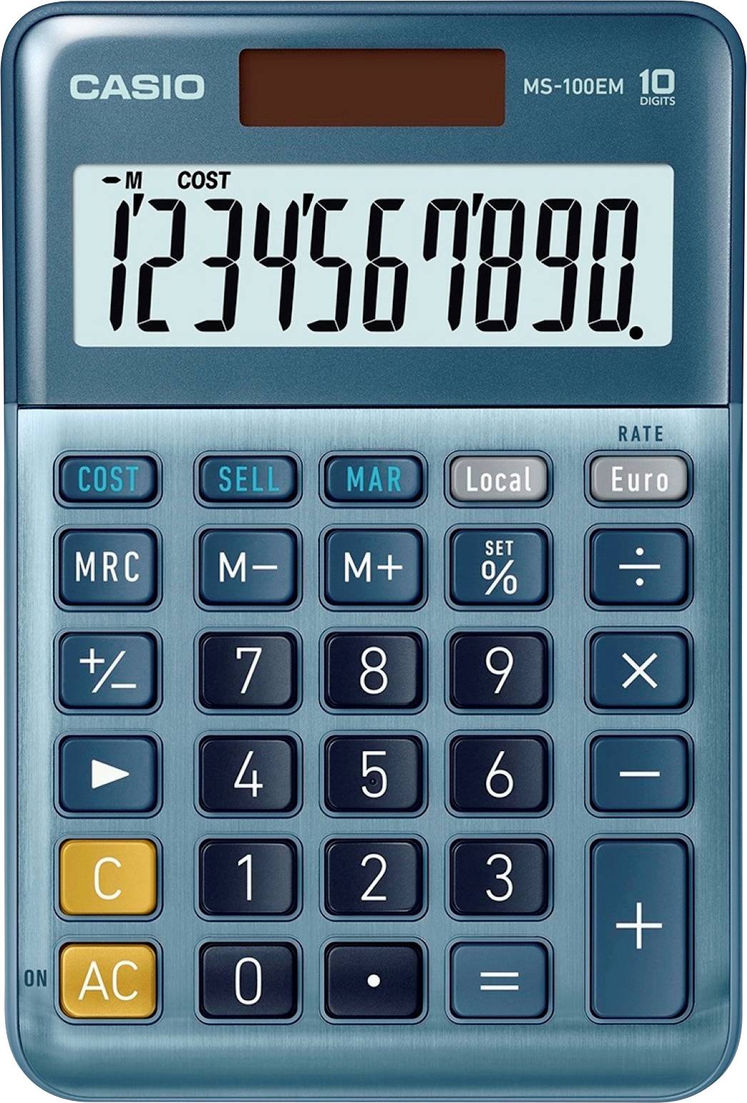 Niebieski kalkulator Casio wyświetla cyfry '1234567890' na wyświetlaczu. Widoczne są przyciski do podstawowych działań matematycznych oraz specjalnych funkcji.