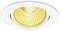 Oprawa wpuszczana z okrągłą, białą ramką i żółtym reflektorem LED, odpowiednia do montażu sufitowego w aranżacji wnętrz.