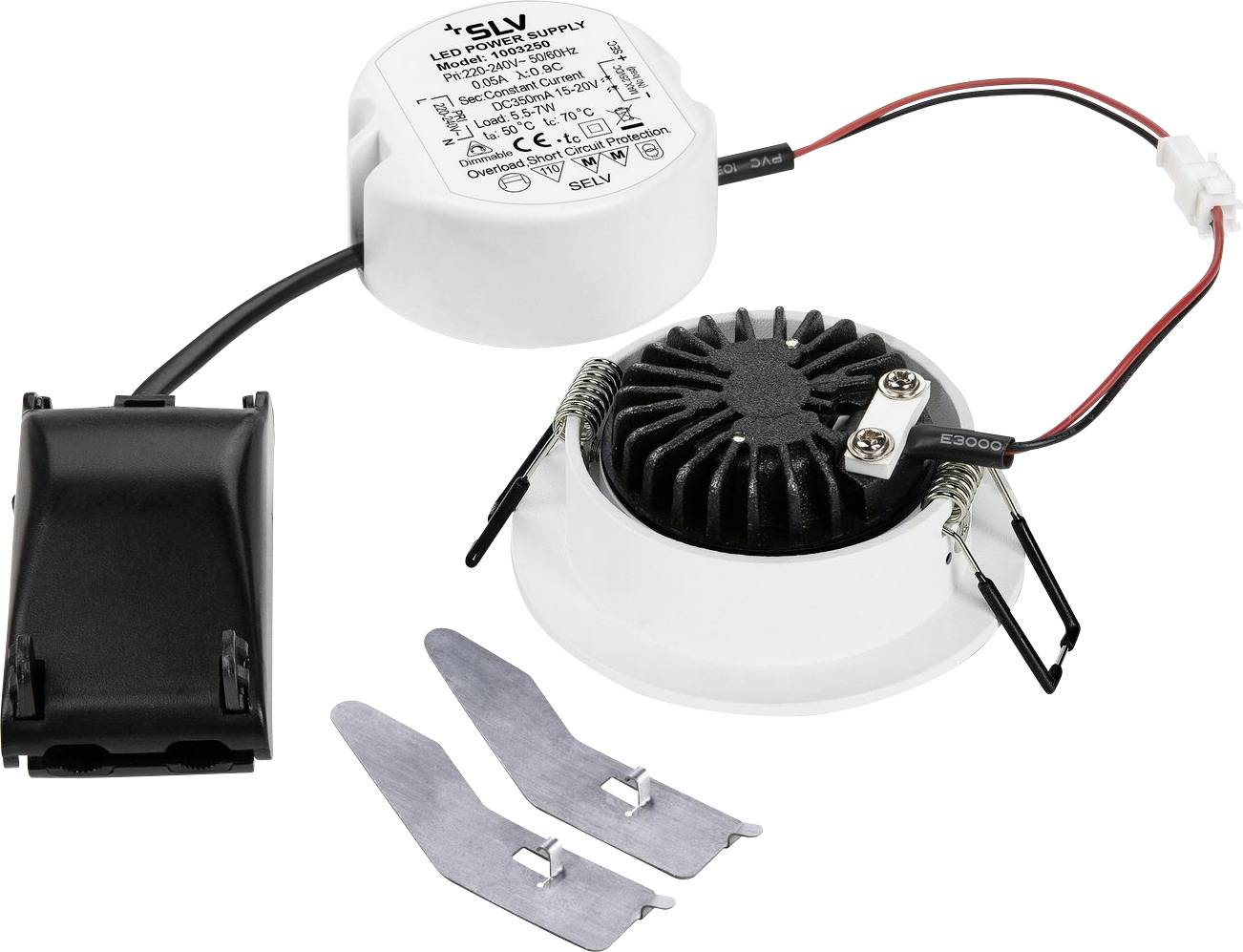 Zestaw punktu świetlnego do zabudowy składający się z modułu LED, jednostki zasilającej oraz elementów mocujących. Idealny do instalacji sufitowych.