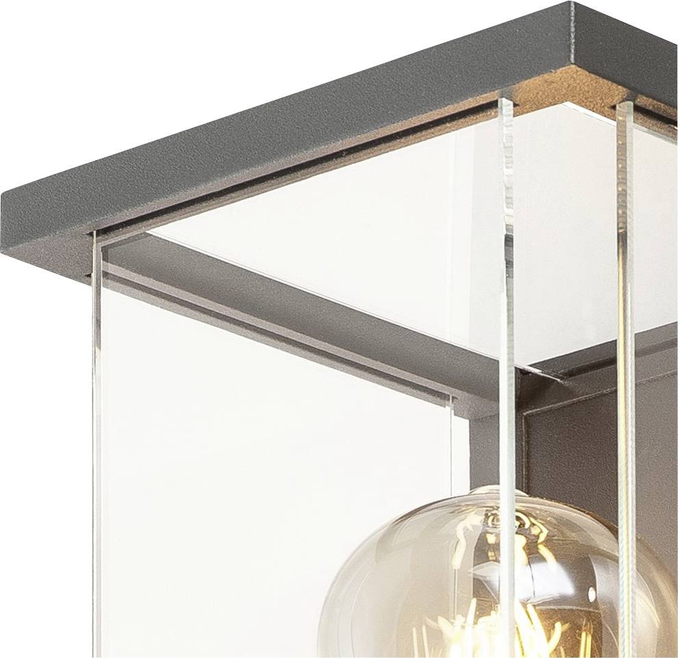 Kwadratowa lampa sufitowa ze szklanymi ściankami i widoczną żarówką, zaprojektowana w nowoczesnym i minimalistycznym stylu.