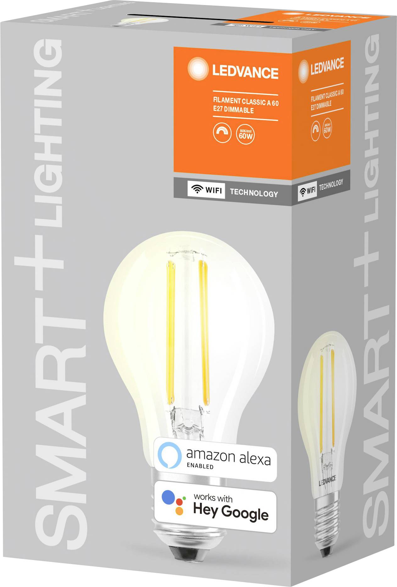Opakowanie żarówki LEDVANCE Smart+ LED Filament Classic A60, E27, ściemnialnej, kompatybilnej z Amazon Alexa i Google Assistant.