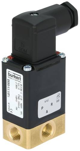 Elektrycznie sterowany zawór elektromagnetyczny z prostokątną obudową, metalowymi złączkami i etykietą producenta 'burkert'.
