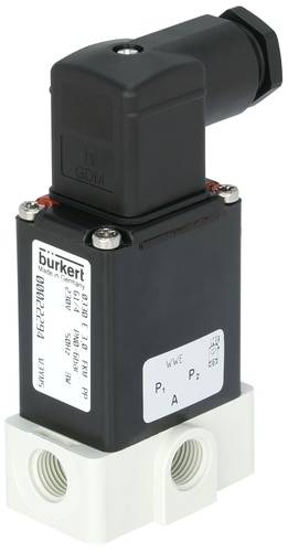 Zawór firmy Burkert z czarną obudową i białymi przyłączami, stosowany w systemach hydraulicznych lub pneumatycznych.