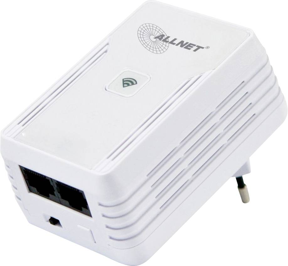 Biały adapter powerline z dwoma portami Ethernet i logo Wi-Fi na górze. Moduł wtykowy do montażu ściennego.