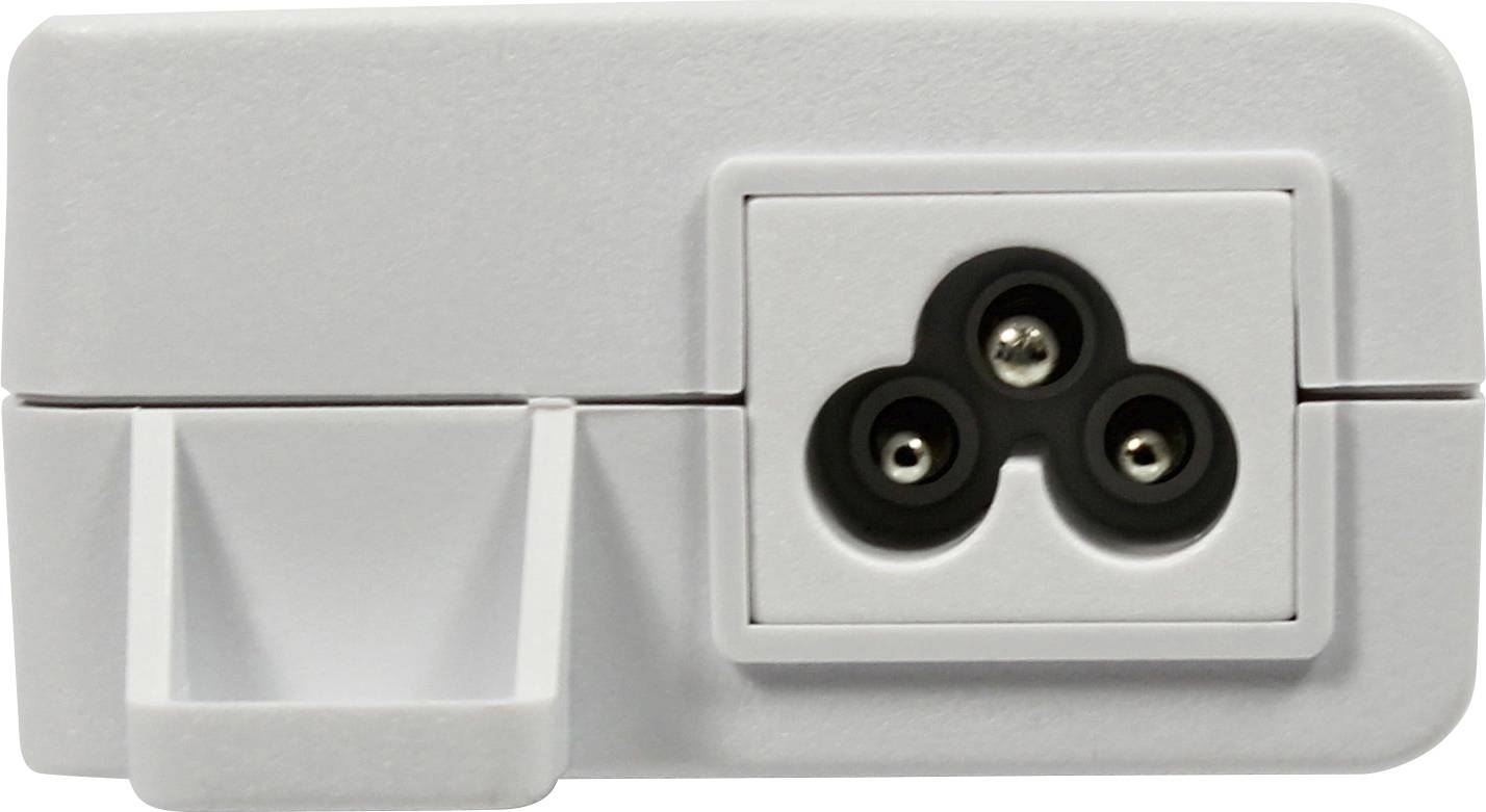 Szary, potrójny adapter naścienny z trzema okrągłymi gniazdami, idealny do podłączenia kilku urządzeń.