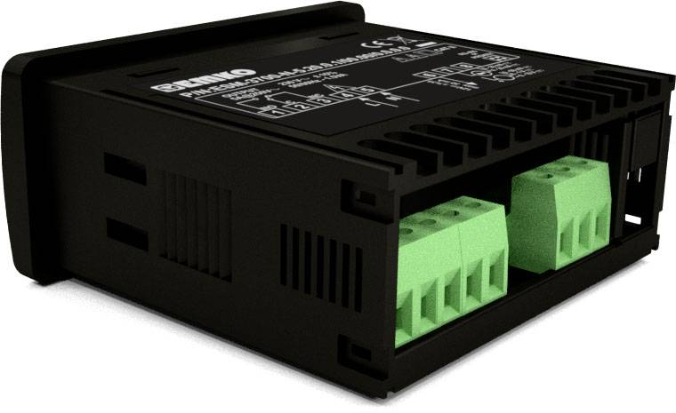 Czarny moduł elektroniczny z zielonymi zaciskami przyłączeniowymi z jednej strony; na górnej powierzchni widoczne są specyfikacje techniczne.