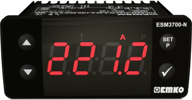 Cyfrowy wyświetlacz temperatury z czerwonym wskaźnikiem LED pokazuje 22,1 stopni Celsjusza. Numer modelu ESM3700-N z logo marki w prawym dolnym rogu.