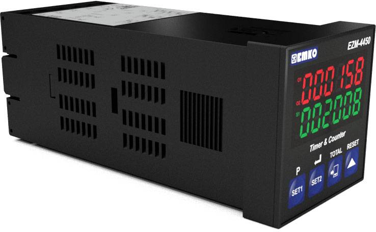 Elektroniczne urządzenie wyświetlające 'Emko EZM-4450', wyświetlające cyfry na wyświetlaczu LED: górny rząd '000158', dolny '000208'. Przyciski: Ustaw, Suma, Resetuj.