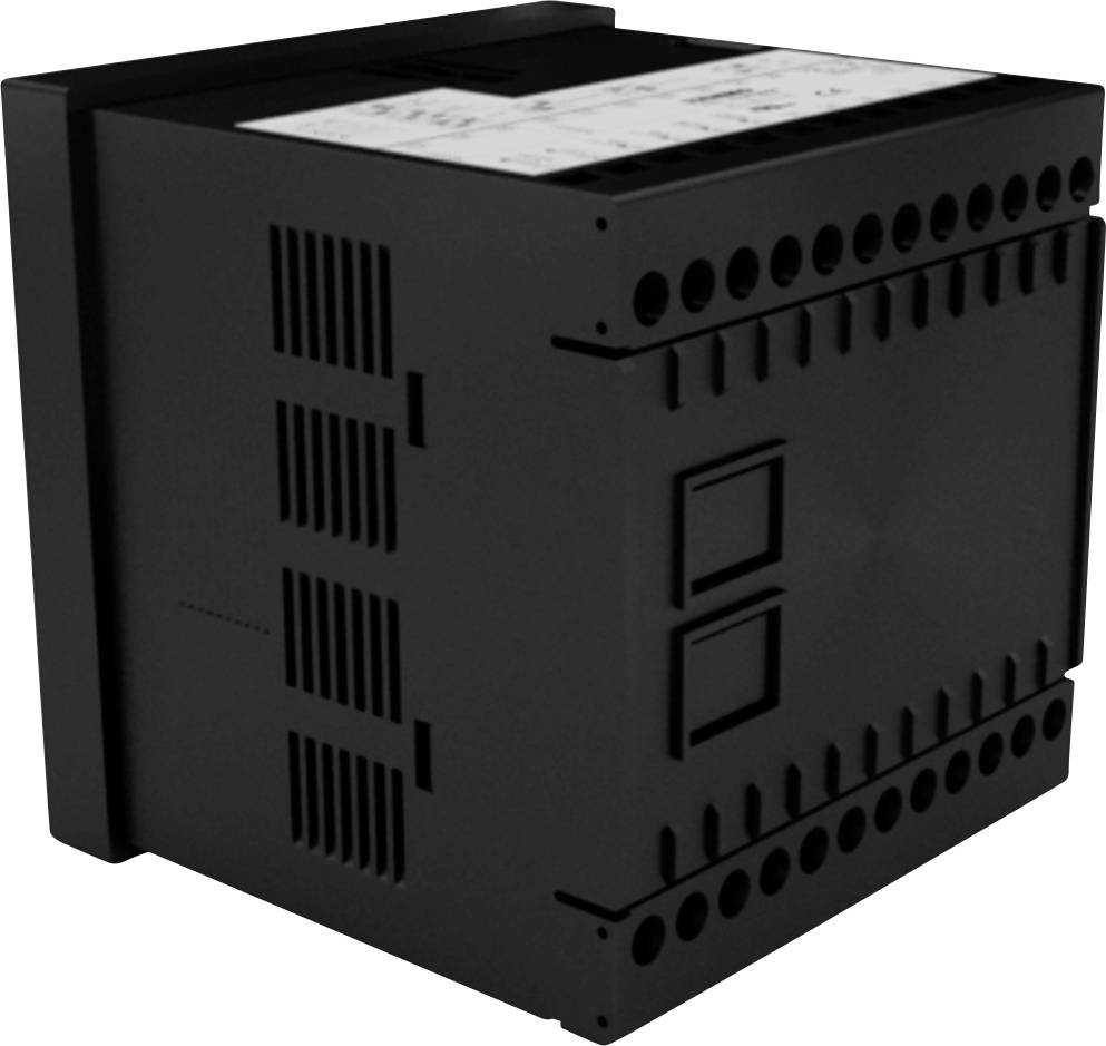 Czarny elektroniczny przyrząd z wieloma zaciskami przyłączeniowymi. Może być stosowany w przemysłowych szafach sterowniczych.