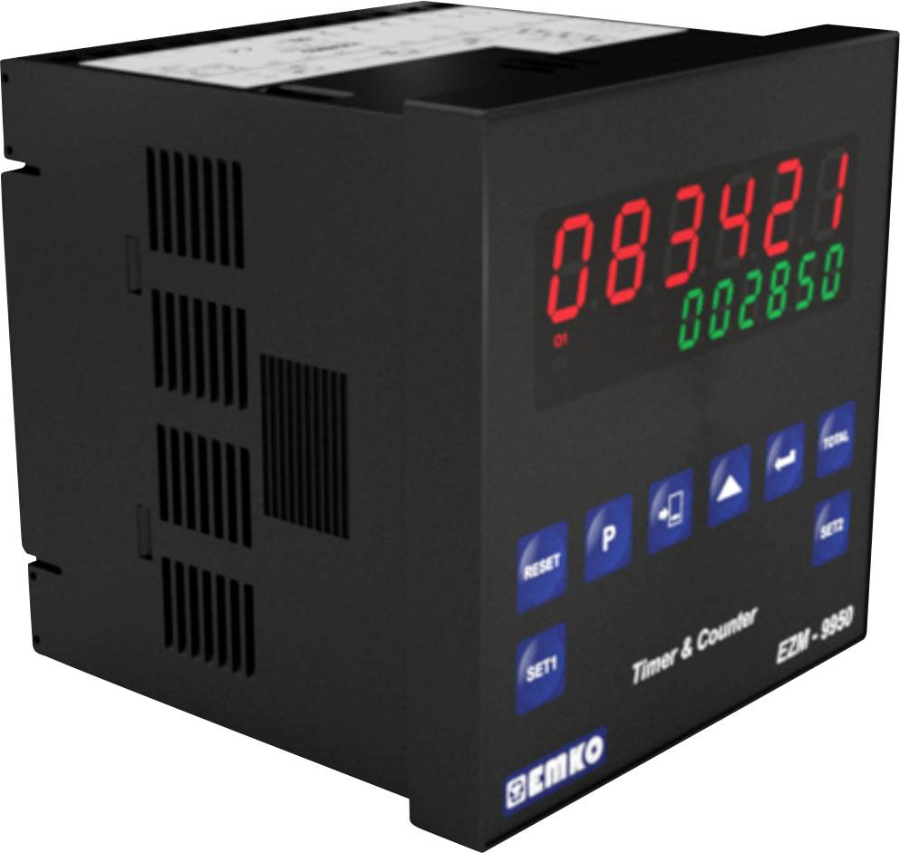 Czarny cyfrowy timer i licznik z czerwonym wyświetlaczem LED pokazuje '083421' oraz zielonym wyświetlaczem '002850'. Niebieski panel sterowania z przyciskami.