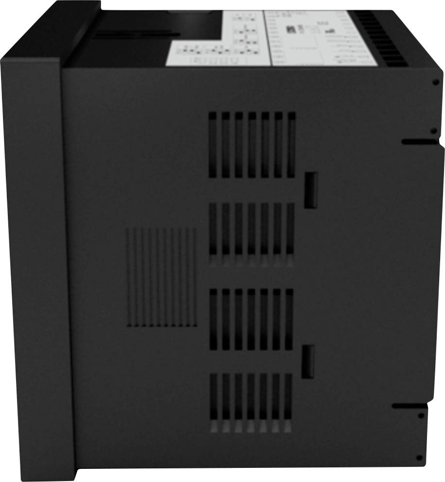 Czarny elektroniczny pudełkowaty przyrząd z otworami wentylacyjnymi po lewej stronie, prawdopodobnie urządzenie techniczne lub maszyna.