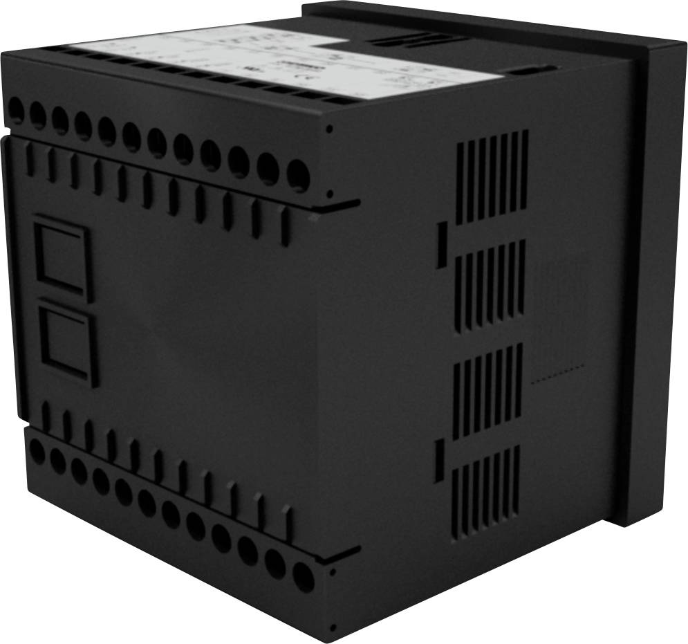 Czarny elektroniczny przyrząd z wieloma zaciskami przyłączeniowymi i białą etykietą na górnej powierzchni, prawdopodobnie moduł przekaźnikowy.