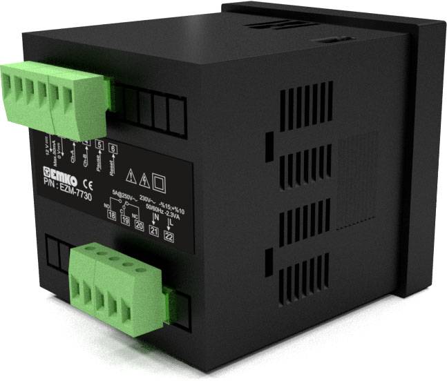 Czarny moduł elektryczny z zielonymi złączami i etykietą ze specyfikacjami technicznymi.