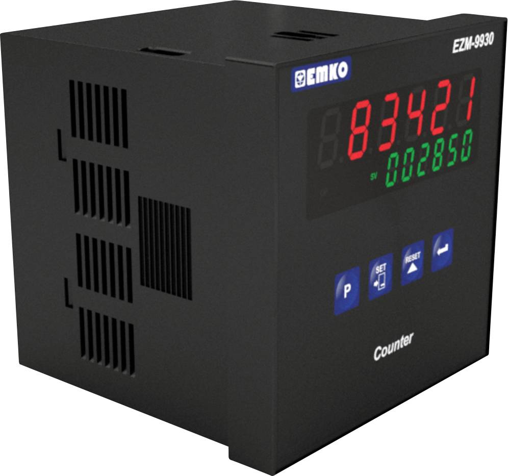 Czarny elektroniczny licznik wyświetla cyfry '83421' na czerwono i '02850' na zielono. Na wyświetlaczu znajdują się liczne przyciski sterujące.