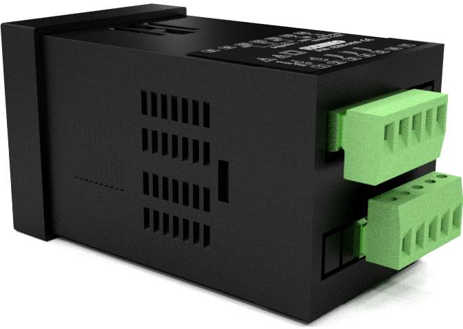 Czarne urządzenie elektroniczne z zielonymi złączami. Prawdopodobnie stosowane jest w szafach sterowniczych lub systemach kontrolnych.