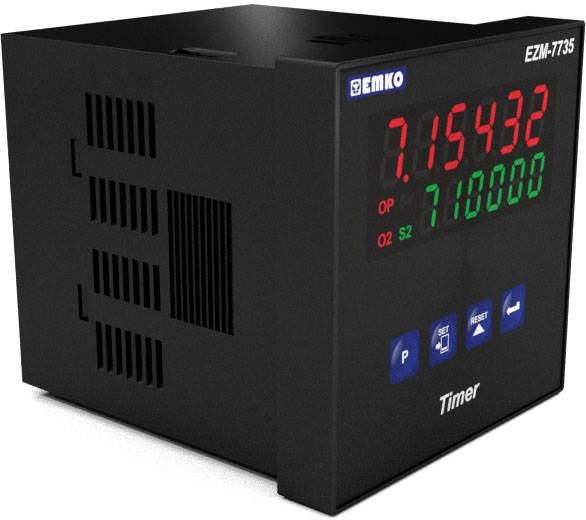 Cyfrowy timer EZM-7735 w kolorze czarnym z wyświetlaczem LED pokazuje '715432' i '710000'. Poniżej znajdują się przyciski sterujące.