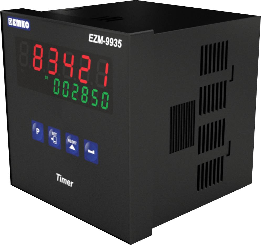 Czarny elektroniczny timer z wyświetlaczem pokazującym '83421' w kolorze czerwonym i '002850' w kolorze zielonym, poniżej którego znajdują się przyciski 'P', 'Set' oraz 'Reset'.