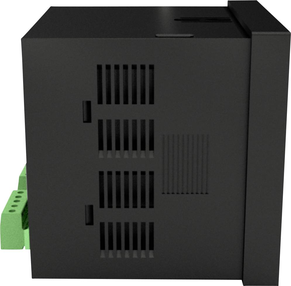 Czarny, prostokątny elektroniczny przyrząd z zielonymi zaciskami przyłączeniowymi z boku, prawdopodobnie będący elementem przemysłowego systemu sterowania.