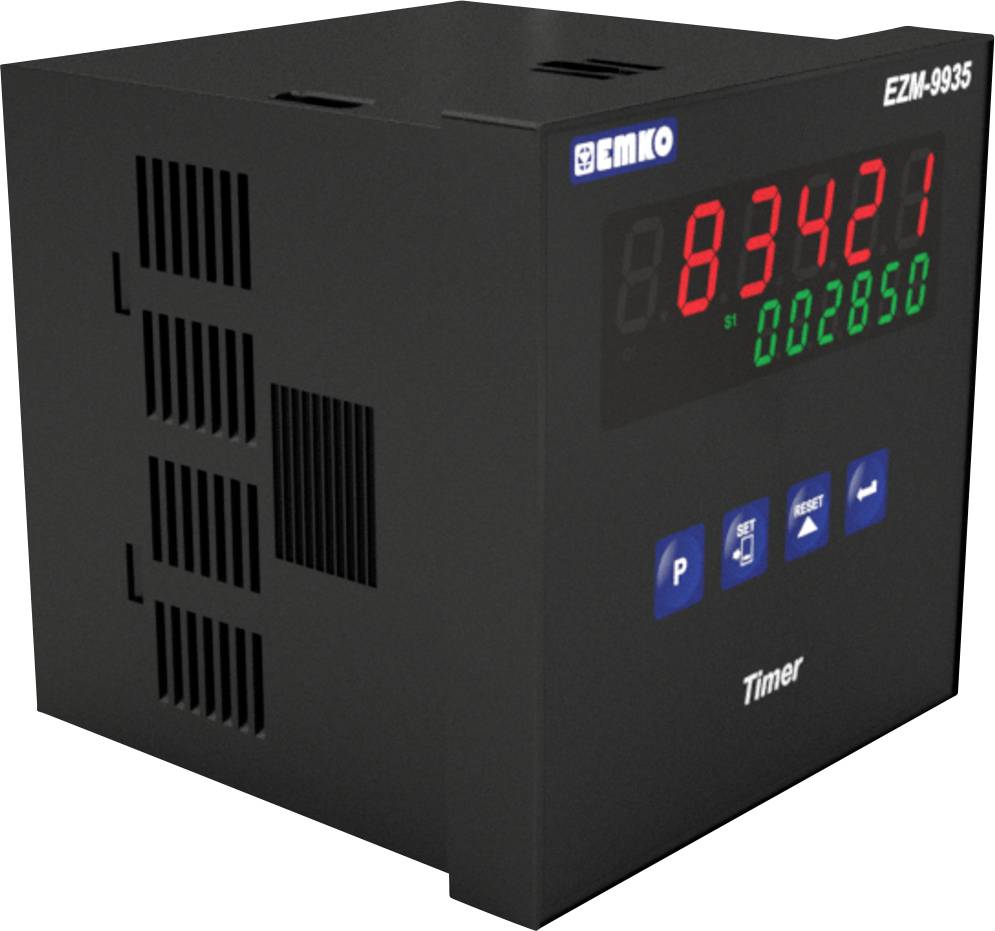 Czarny, kwadratowy timer z czerwoną i zieloną wskazówką LED, wyświetlacz pokazuje '83421'. Otwory wentylacyjne, przyciski do ustawień.