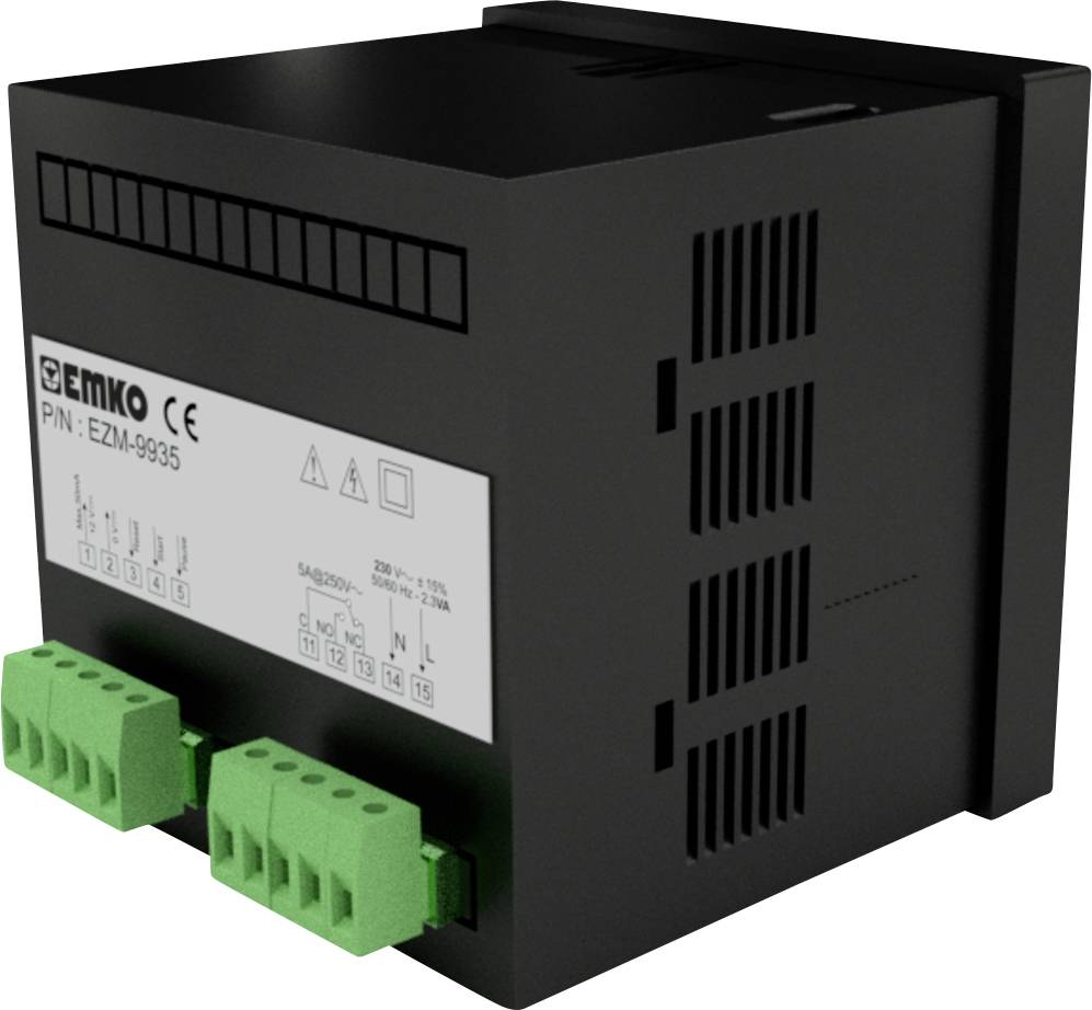 Czarny, sześcienny elektroniczny przyrząd z zielonymi zaciskami przyłączeniowymi z przodu, prawdopodobnie moduł sterujący lub jednostka zasilająca.