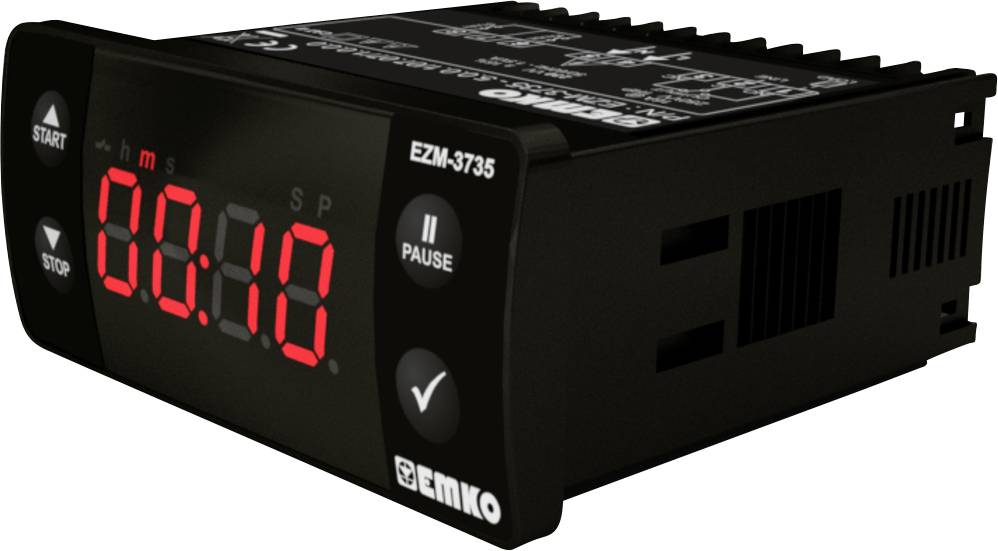 Cyfrowy timer firmy Emko, model EZM-3735, wyświetla '00:10' na jasnym wyświetlaczu. Widoczne są przyciski do uruchamiania, zatrzymywania i wstrzymywania pomiaru czasu.